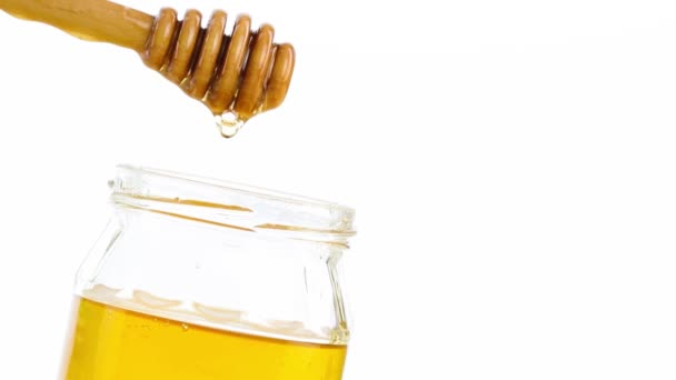 Opened honey jar with wooden honey dipper on top with drop honey — Stock Video