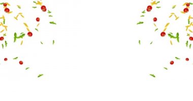 çerçeve İtalyan makarna animasyon, domates ve fesleğen metin, kesintisiz döngü için yer beyaz zemin üzerine düşme. 4k ve 1080 çözünürlük