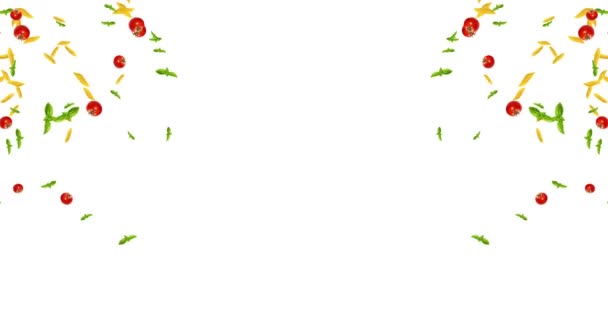 Рамка итальянской анимации пасты, томаты и базилик падает на белый фон с пространством для текста, петля плавно. Разрешение 4К и 1080 — стоковое видео