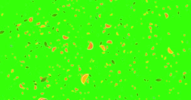 digitális gyümölcsök narancs szeletek levelek animációs repülő háttéren zöld képernyő chroma key, varrat nélküli hurok. 4k és 1080 felbontás