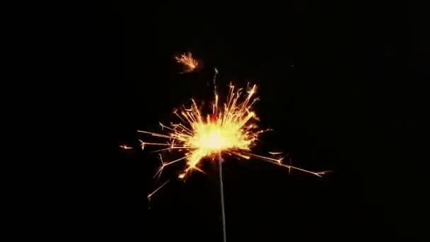 Fuegos artificiales chispeantes ardiendo sobre un fondo negro, felicitaciones, saludos, fiesta, feliz año nuevo, celebración de Navidad — Vídeos de Stock