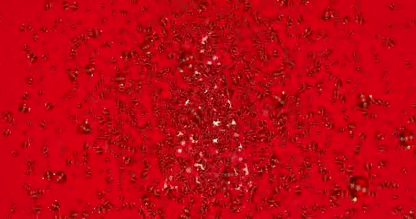 Цифрові червоні прикраси різдвяні кульки, анімація, що летить у вихорі на червоному тлі з ялинкою, безшовна петля. Різдвяна святкова концепція — стокове відео