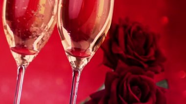 kırmızı gül yakınındaki kabarcıkları ile şampanya flüt kırmızı bokeh arka plan, sevgi ve Sevgililer gününde dökme