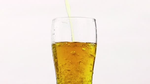 Versando birra fresca con schiuma in vetro su sfondo bianco — Video Stock