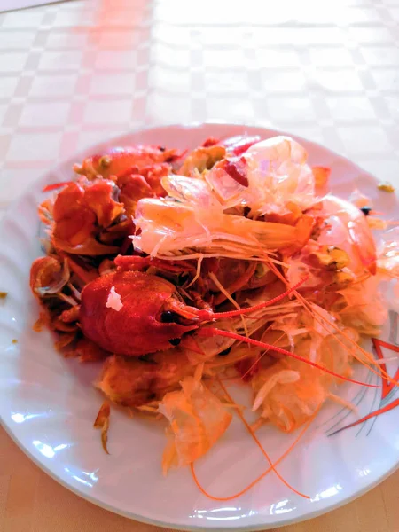 Шкури з з'їдених раків і креветок на тарілці — стокове фото
