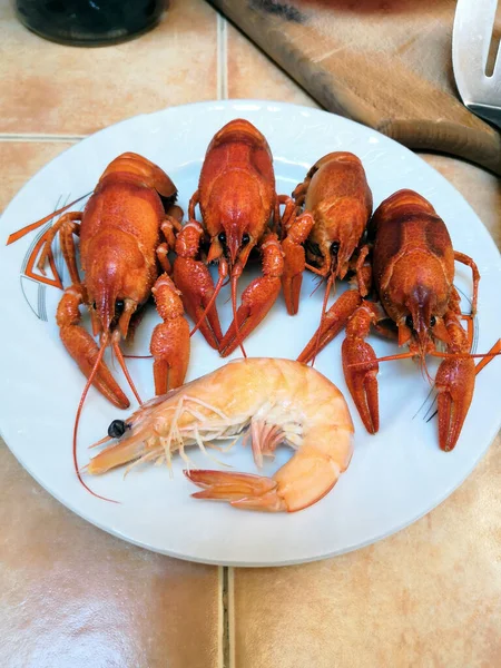 Buena selección de crustáceos para la cena. Langosta, cangrejo y gambas gigantes sobre fondo oscuro — Foto de Stock