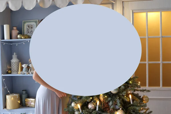 Schwangere Verkleidet Einen Weihnachtsbaum Neujahr Blaues Kleid Hintergrund Raum Für — Stockfoto