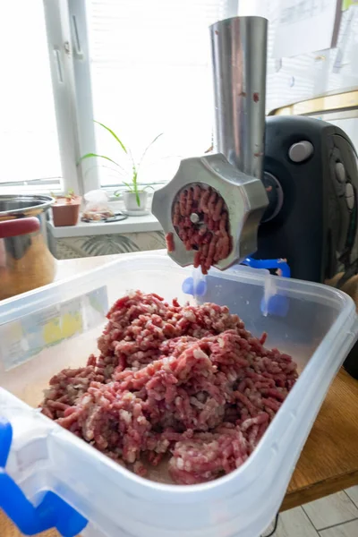 Amoladora Carne Automática Desmontada Preparación Del Relleno Para Albóndigas Receta Imagen de archivo