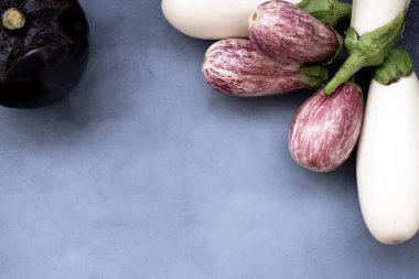 Bir yuvarlak ve beş oval patlıcan beyaz ve menekşe rengi sağlıklı besinler.