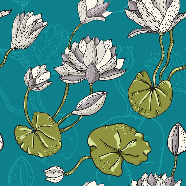 Seamless water lily pattern on blue — Stock Vector