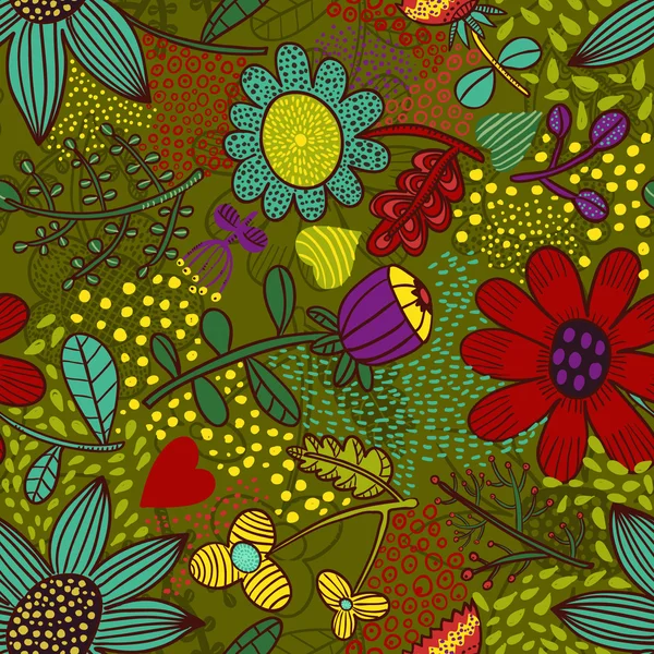 Patrón floral brillante sin costuras sobre fondo verde — Vector de stock