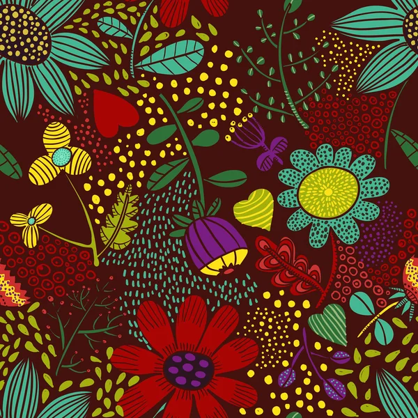 Άνευ ραφής φωτεινά λουλουδάτο μοτίβο για καφέ φόντο — Διανυσματικό Αρχείο