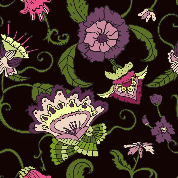 Patrón sin costuras con flores sobre fondo oscuro — Vector de stock