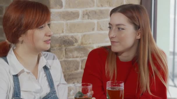 Mujeres amigas charlando en el pub de la cerveza — Vídeo de stock