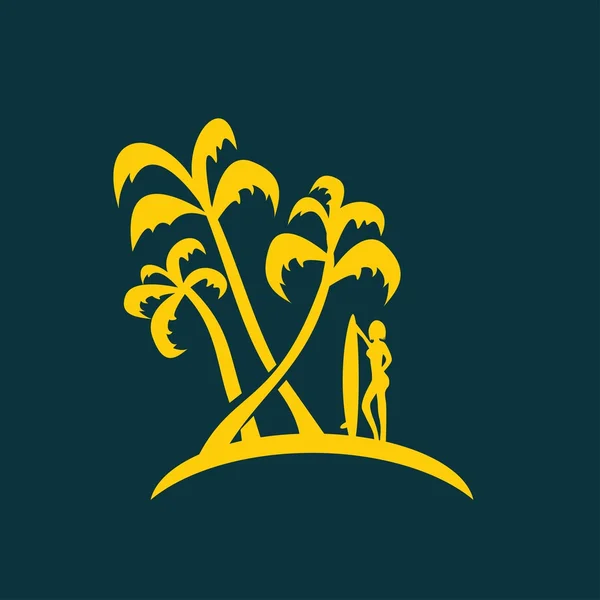 Palmiye ağaçları ve sörfçü simgesi — Stok Vektör