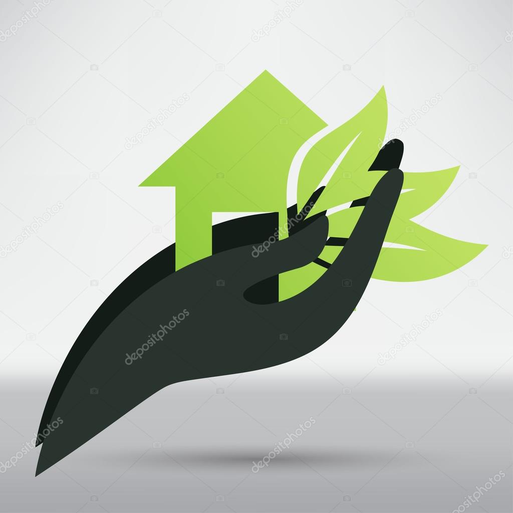 Hands and eco house icon. illustration on white background