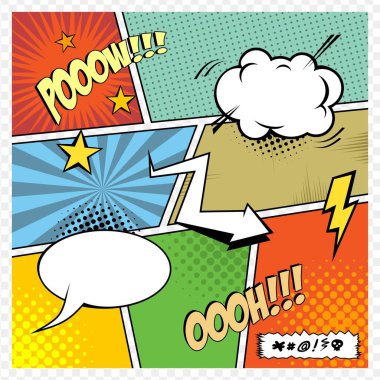 Çizgi roman sayfası. Çeşitli semboller.