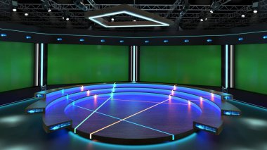 3D sanal haber stüdyosu yeşil ekran arka planı. 3D Rendering Sanal set stüdyosu kroma görüntüleri için. Nereye istersen, basit bir düzenekle, bir kaç metrekare boşluk....