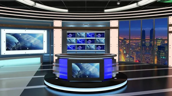 Virtual TV Studio News Set 27. Green screen background. 3d Rendering.Virtual set studio for chroma footage.