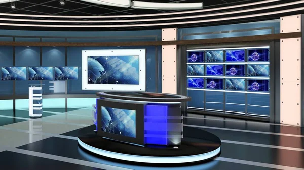 Virtual TV Studio News Set 27. Green screen background. 3d Rendering.Virtual set studio for chroma footage.