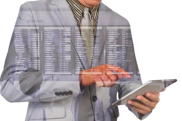 Double exposure of a businessman and a city using a tablet with — Stock Photo, Image