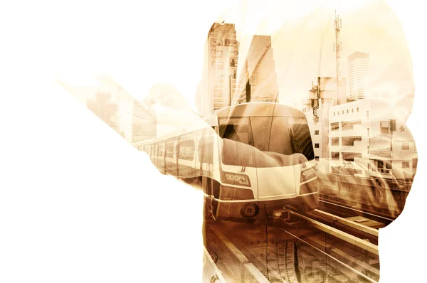 Double Exposure of Business Man use Tablet and Skytrain or Subwa — Stock Photo, Image