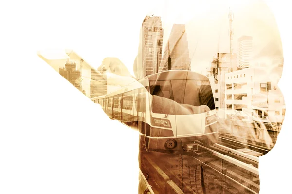 Double Exposure of Business Man use Tablet and Skytrain or Subwa — Stock Photo, Image