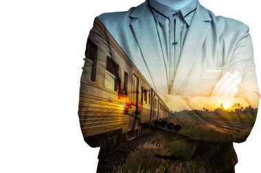 Tren istasyonunun demiryolu ve işadamı B çift pozlama