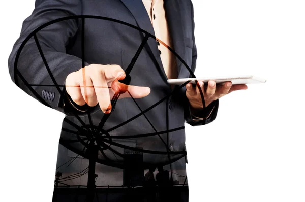 Double exposure of Businessman and Satellite Dish — Stock Photo, Image