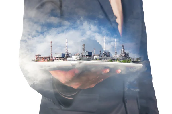 Businessman Hold Digital Wireless Tablet with Oil refinery Plant — Stock Photo, Image