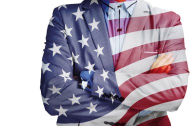 Çift pozlama işadamı ile Amerika bayrağı olarak Amerikan otobüs