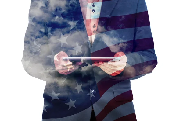 Double Exposure of Businessman with Cloud and America Flag — Stock Photo, Image