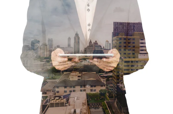 Double Exposure Hand of Businessman and City Building — Stock Photo, Image