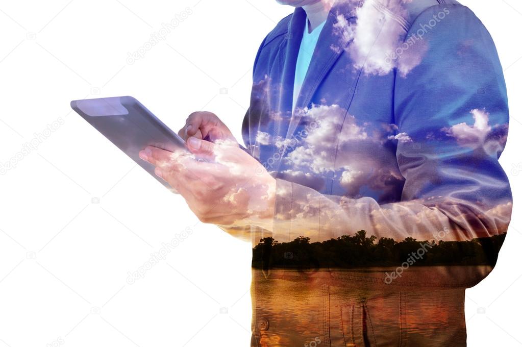 Close up of businessman with tablet double exposure isolated on 