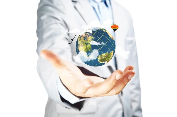 Zakelijke mannenhand houden earth globe — Stockfoto