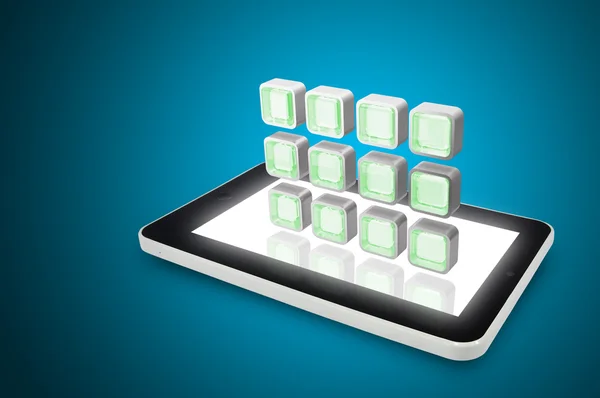 TabletPC med moln av färgglada programikoner — Stockfoto