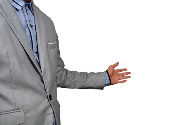 Geschäftsmann zeigt Willkommen oder lädt Geste auf weißem Hintergrund ein — Stockfoto