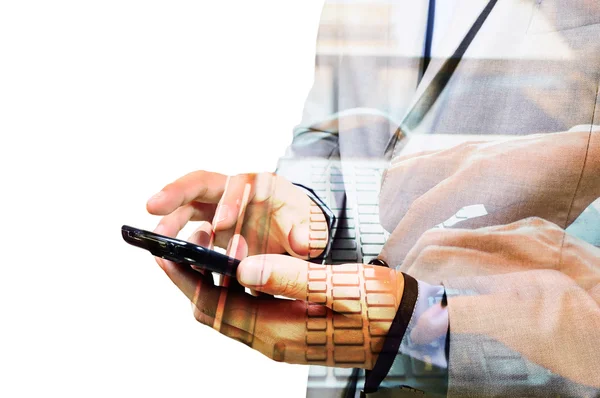 Double exposure of Business Man using Mobile Phone with Notebook — Stockfoto