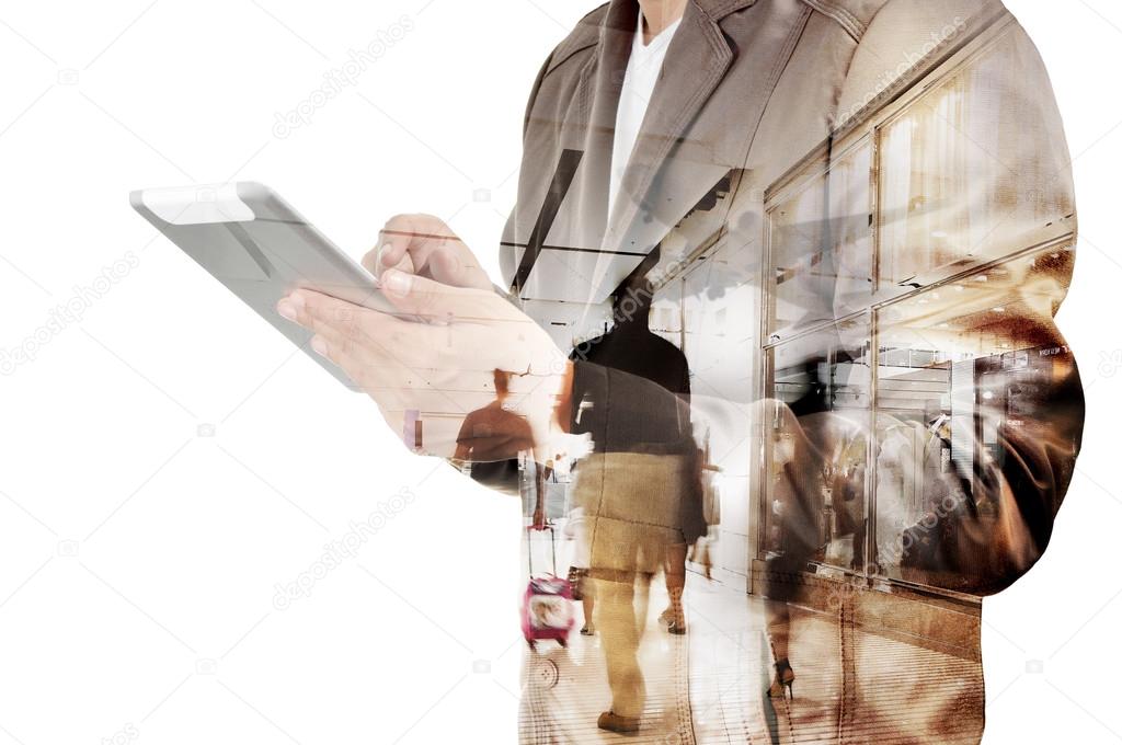 Double exposure of Business Man and Airport Terminal with People