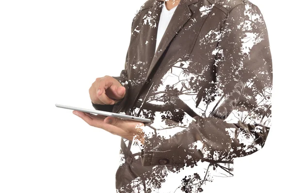 Double exposure portrait of Business man using digital tablet wi — Stock Photo, Image