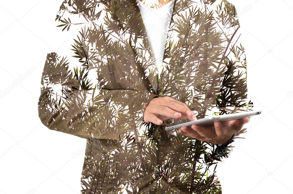 Double Exposure of Business Man using Mobile Tablet PC with Plan