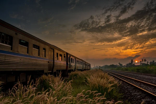 Tren Pasando por el Ferrocarril Rural por la mañana o al amanecer wi — Foto de Stock