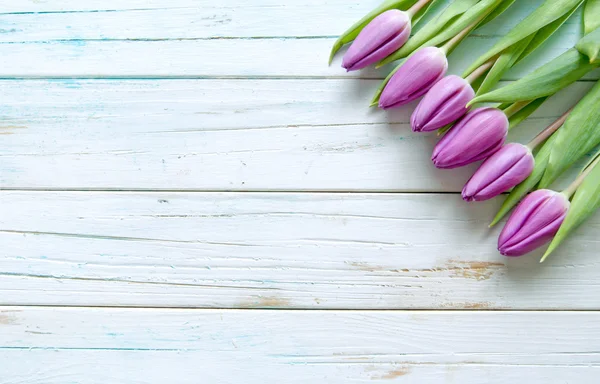 Tulipas roxas no fundo de madeira — Fotografia de Stock