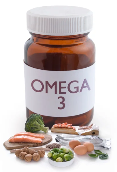 Vaso di omega-3 pillole con il cibo — Foto Stock
