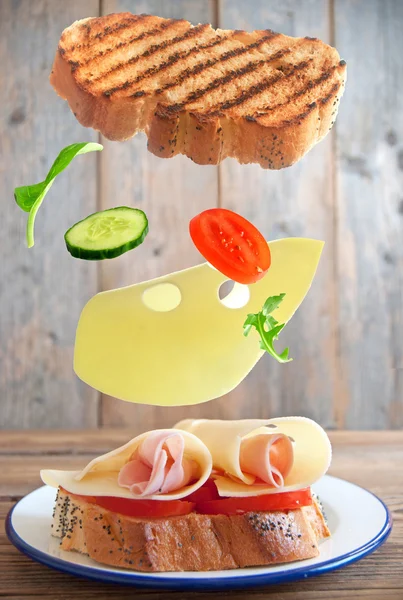 Deli sandwich falling ingredients — Stock Photo, Image