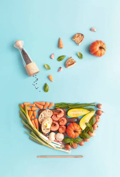 Autumn Thanksgiving Soup Ingredients Laid Flat Shape Bowl Including Squash — Stock Photo, Image