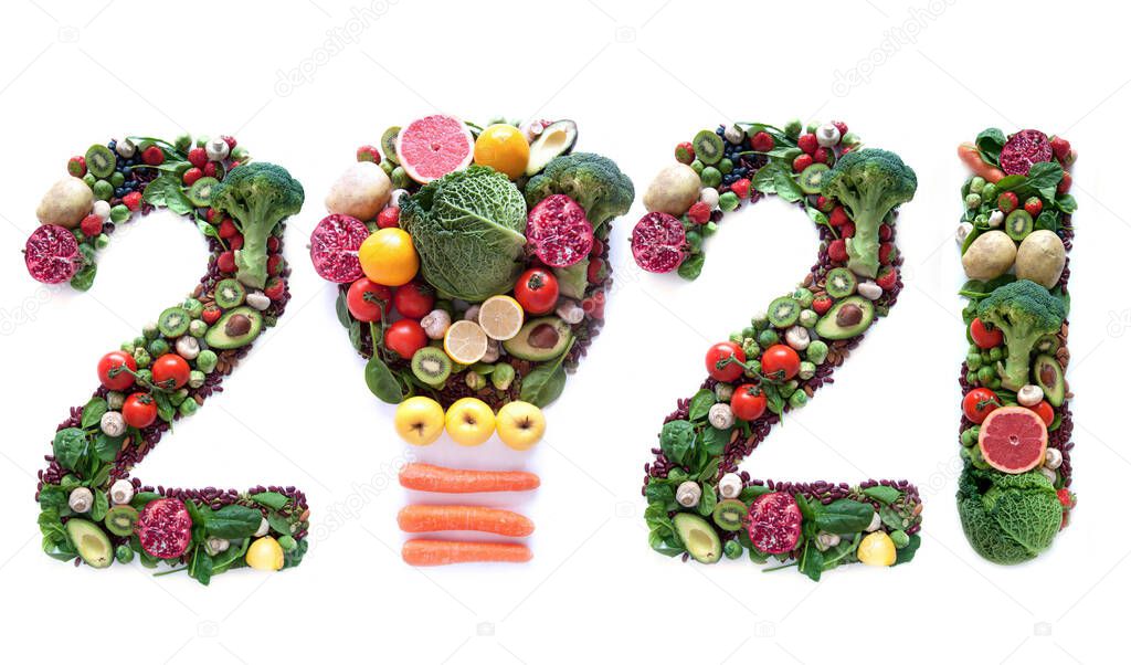 2021 made of fruits and vegetables including a light bulb icon