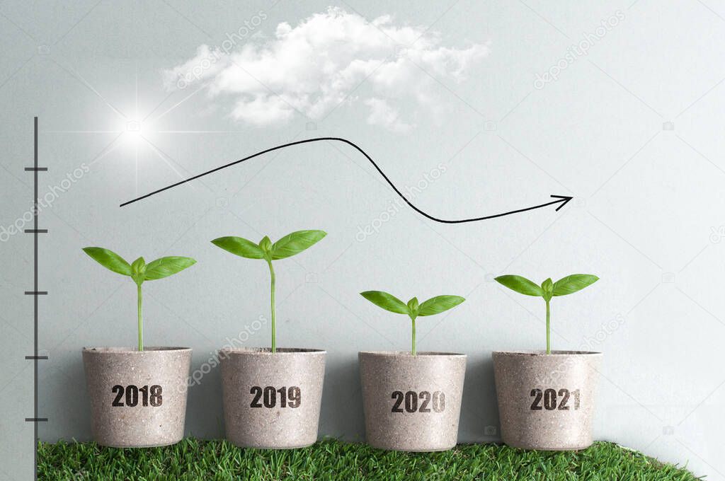 Year by year business growth comparison concept from 2018 to 2021, new seedlings in plant pots