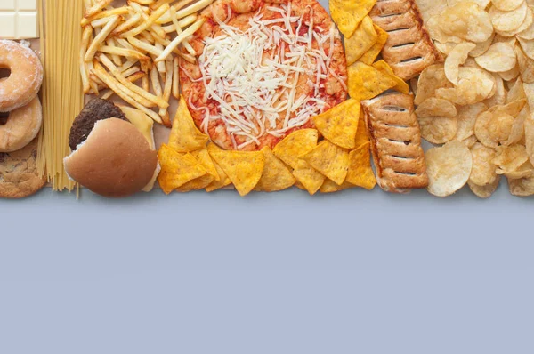 Collection Fast Food Includnig French Fries Pizza Burger Tortilla Chips — Stock fotografie