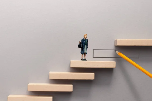 Pencil Sketch Bridging Gap Wooden Steps Female Miniature Figure Climb — Stock Photo, Image